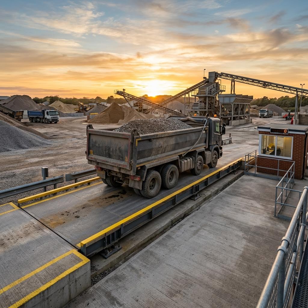 Illustration of a truck on a steel weighbridge in an industrial yard